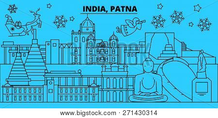 India, Patna Winter Holidays Skyline. Merry Christmas, Happy New Year Decorated Banner With Santa Cl