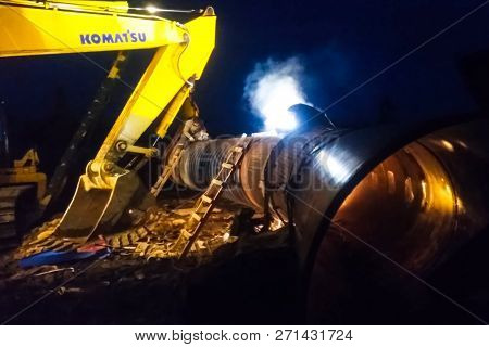 Irkutsk, Russia - July 21, 2017: Construction Of A Gas Pipeline The Power Of Siberia. Welding Works.