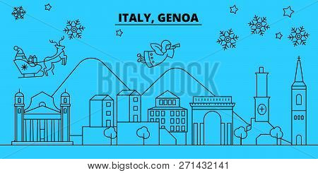 Italy, Genoa Winter Holidays Skyline. Merry Christmas, Happy New Year Decorated Banner With Santa Cl