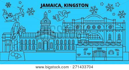 Jamaica, Kingston Winter Holidays Skyline. Merry Christmas, Happy New Year Decorated Banner With San