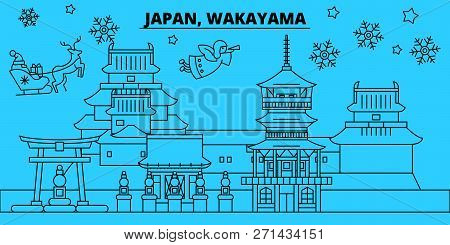 Japan, Wakayama Winter Holidays Skyline. Merry Christmas, Happy New Year Decorated Banner With Santa
