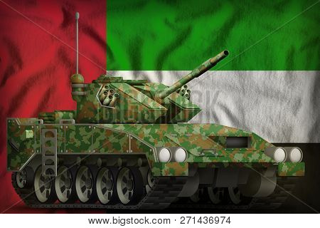 Light Tank Apc With Summer Camouflage On The United Arab Emirates Flag Background. 3d Illustration