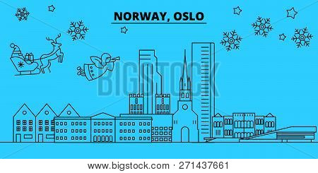 Norway, Oslo Winter Holidays Skyline. Merry Christmas, Happy New Year Decorated Banner With Santa Cl