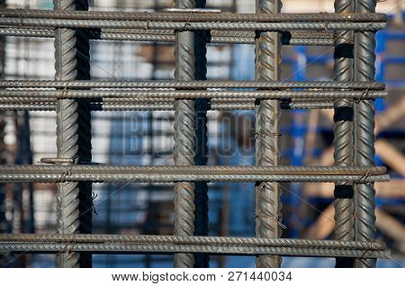 Brand New Armature. Reinforcements Steel Bars Stack. Close Up Steel Construction Armature.
