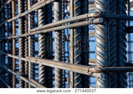 Brand New Armature. Reinforcements Steel Bars Stack. Close Up Steel Construction Armature.