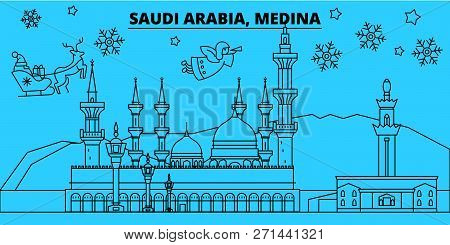 Saudi Arabia, Medina Winter Holidays Skyline. Merry Christmas, Happy New Year Decorated Banner With 