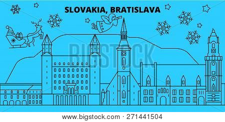Slovakia, Bratislava Winter Holidays Skyline. Merry Christmas, Happy New Year Decorated Banner With 
