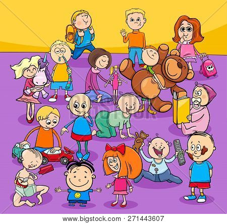 Cartoon Illustration Of Toddlers And Preschool Or Elementary Age Children Funny Characters Group