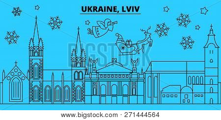 Ukraine, Lviv Winter Holidays Skyline. Merry Christmas, Happy New Year Decorated Banner With Santa C