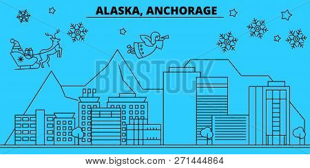United States, Anchorage Winter Holidays Skyline. Merry Christmas, Happy New Year Decorated Banner W