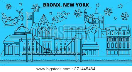 United States, Bronx Winter Holidays Skyline. Merry Christmas, Happy New Year Decorated Banner With 
