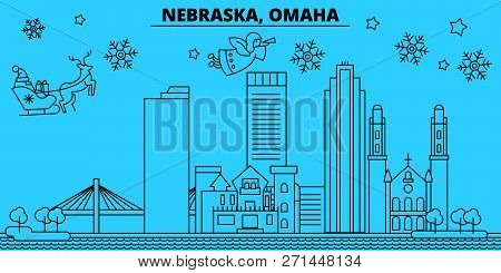 United States, Omaha Winter Holidays Skyline. Merry Christmas, Happy New Year Decorated Banner With 