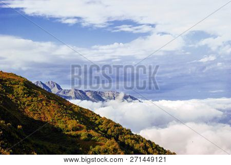 Landscape - View From The Mountain Top On A Sunny Day To The Valley Hidden By Low Clouds