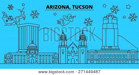 United States, Tucson Winter Holidays Skyline. Merry Christmas, Happy New Year Decorated Banner With