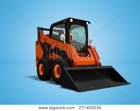 Modern Orange Mini Loader With Bucket In Front 3d Render On Blue Background With Shadow