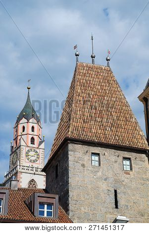Meran, South Tyrol, Italy: St. Nicholas' Church And The Bozener Tor (bozen Gate)