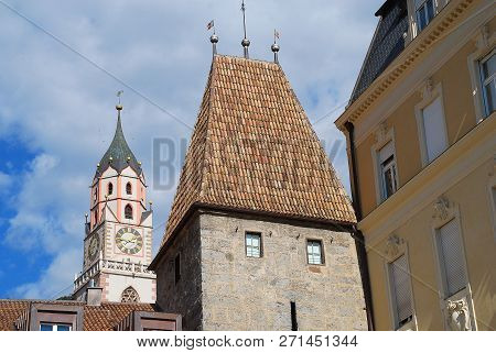 Meran, South Tyrol, Italy: St. Nicholas' Church And The Bozener Tor (bozen Gate)