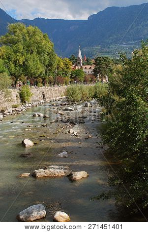 View Of Merano Meran, A Town In South Tyrol Italy, Crossed By The Passer River