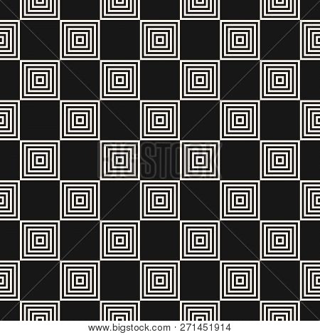 Vector Geometric Seamless Pattern With Small Staggered Squares, Lines. Abstract Black And White Chec