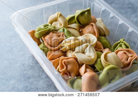 Colored Raw Pasta Tortellini In Plastic Box Multicolor / Colorful Or Tri Colored.