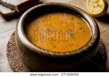 Turkish Lepe Soup In A Wooden Bowl.