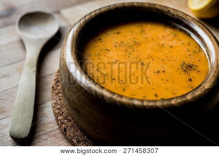 Turkish Lepe Soup In A Wooden Bowl.