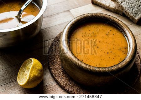 Turkish Lepe Soup In A Wooden Bowl.