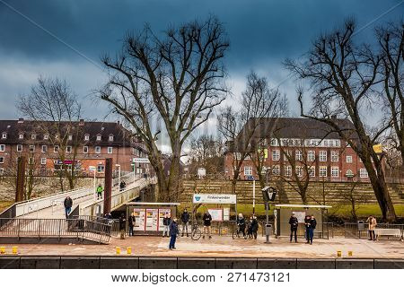 Hamburg, Germany - March, 2018: Finkerwerder Ferry Stop At The Banks Of Elbe River In Hamburg On A C
