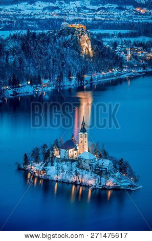 Beautiful Aerial Twilight View Of Lake Bled With Famous Bled Island And Historic Bled Castle In The 
