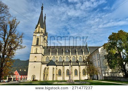 Church Of The Admont Abbey In The Neo-gothic Style On A Sunny Autumn Day. Town Of Admont, State Of S
