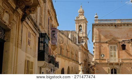 Mdina, Malta. This A View From St, Paul´s Square. At The Center, The Tower Of The Carmelite Priory, 
