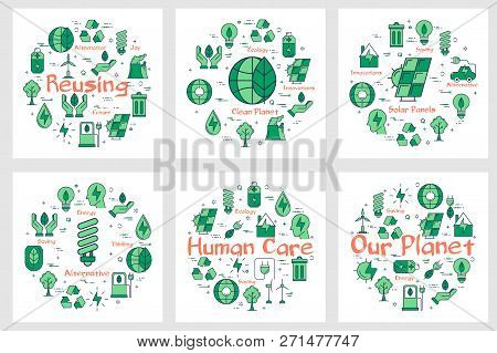 Set Of Green Linar Icon Banners With White Background For Alternative Resources And Ecology Health. 