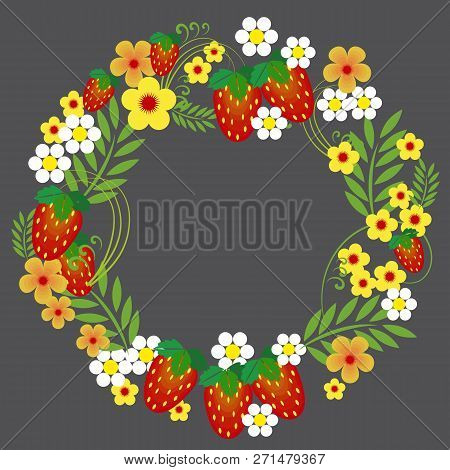 Wreath With Stylized Berries And Flowers In Bright Colors