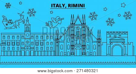 Italy, Rimini Winter Holidays Skyline. Merry Christmas, Happy New Year Decorated Banner With Santa C
