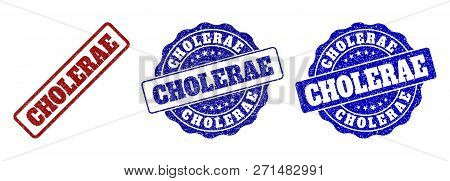 Cholerae Grunge Stamp Seals In Red And Blue Colors. Vector Cholerae Imprints With Grunge Surface. Gr