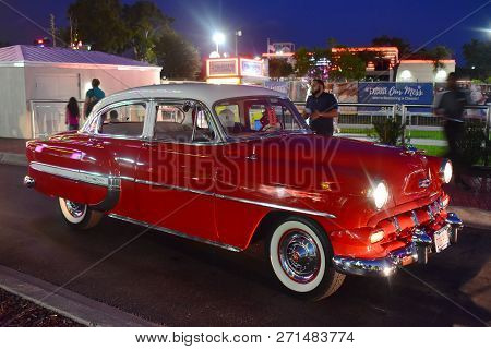 Orlando, Florida.  November 02, 2018. Vintange Red  Car In Saturday Nite Classic Car Show And Cruise