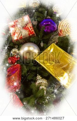 A Christmas Photo, With Swirling Stars, Lights, Balls, Candy, And Beautifully Colorful Glossy Rapped