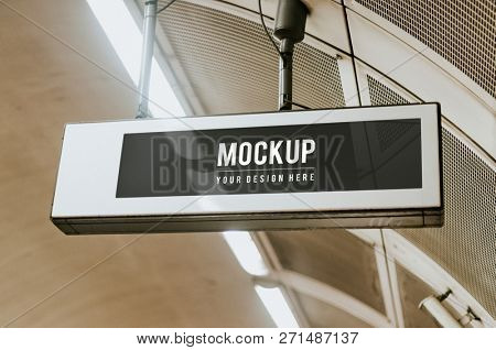 Indoor board mockup hanging from a ceiling