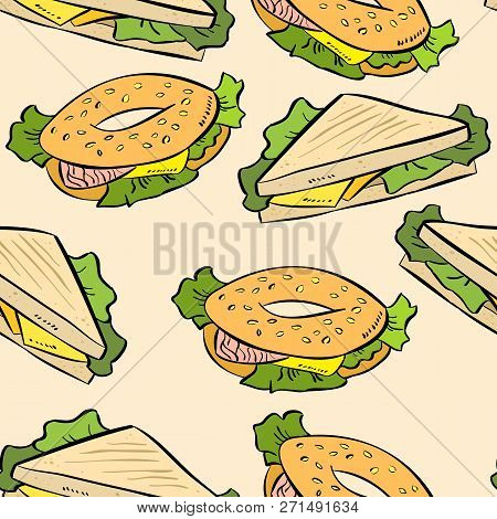Sandwich Doodles Cute Seamless Pattern. Vector Print