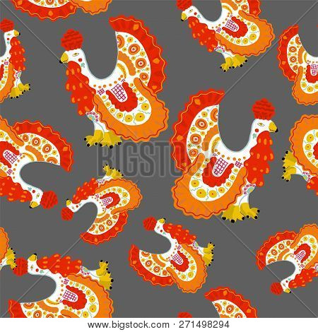 Beautiful Seamless Pattern With Cock In Russian Dymkovo Style. Vector Illustration.