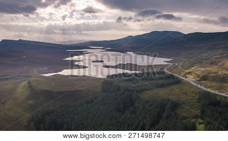 Aerial View Of The Loch Leathan Close To The Old Man Of Storr, Isle Of Skye, Scotland