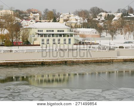 Gomel, Belarus - November 28, 2018: Panoramic View Of The Embankment In Winter.