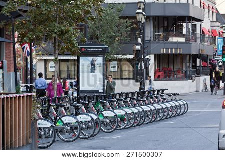 Montreal, Quebec, October 3, 2017 - Horizontal Of The Bixi Bike Service On Crescent Street In Downto