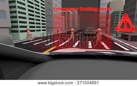 Emergency Braking Assist (eba) Sysyem To Avoid Car Crash Concept. Smart Car Technology, 3d Rendering