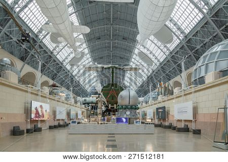 Moscow, Russia - November 28, 2018: Interior of the Space pavilion at VDNH