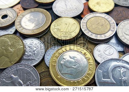 Close Up Top View Image Of Large Amount Of Old Money Coins Of Different Countries And Times Backgrou
