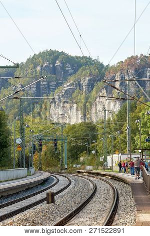 Rathen, Germany - October 04, 2018: The Station Of Rathen In The Elbe Sandstone Mountains. Rathen Is