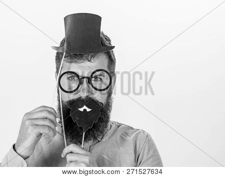 Dress Affects How People See You. Man Bearded Hipster Hold Cardboard Top Hat And Eyeglasses To Look 
