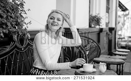 Woman Elegant Happy Face Have Coffee Cafe Terrace Outdoors. Mug Of Good Coffee In Morning Gives Me E
