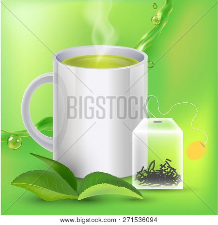 Green Tea Banner Ads With Tea Leaves, Green Background With Realistic Splash Of Tea And Tea Bag In 3